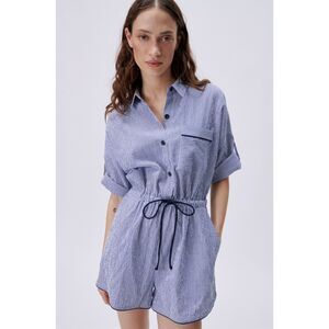 ZARA Seersucker Roll Tab Sleeve Tie Waist Romper, Sz XS